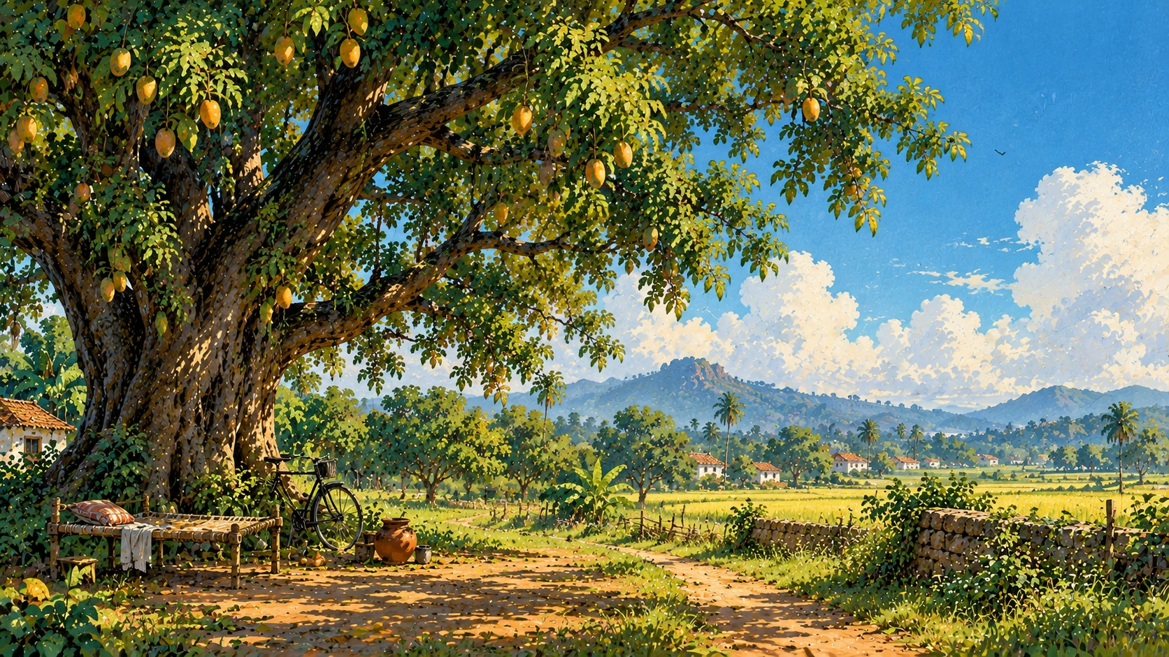 Dreamy Hand-painted Indian Countryside Scene
